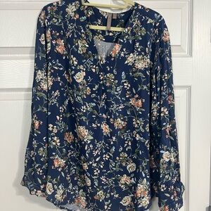 Stitch Fix Floral V-Neck Blouse - Blue and White